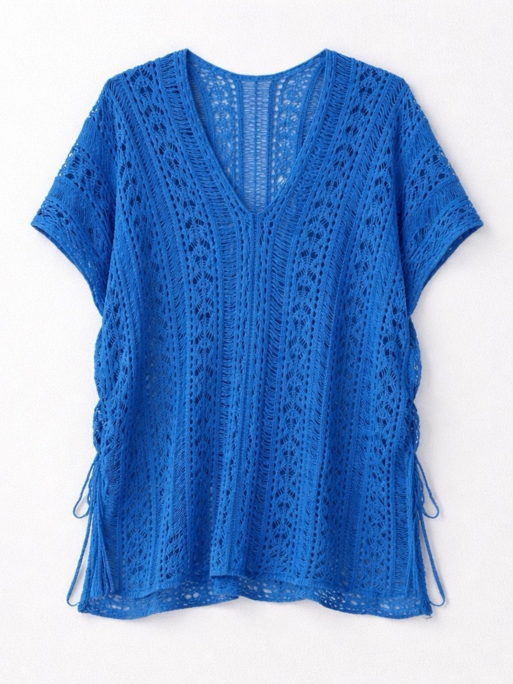 Bright Blue Crochet V-Neck Swim Coverup with Side Ties